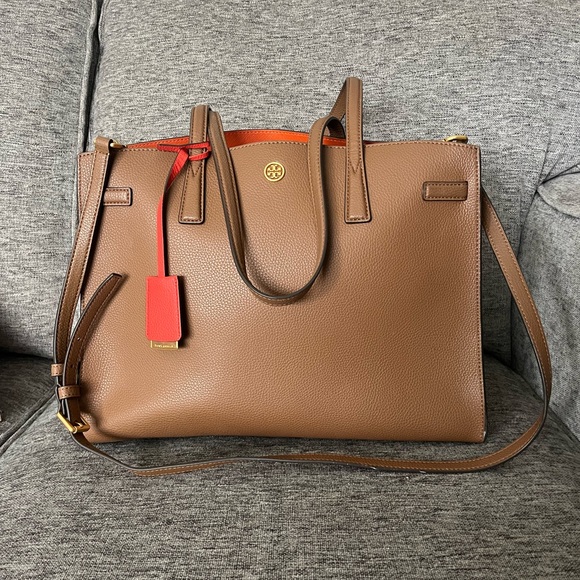 Tory Burch Handbags - Tory Burch Tan Leather Tote with Red Accent